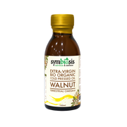 Bottle of Symbiosis Extra-Virgin Bio Organic Cold Pressed Walnut Oil on a white background
