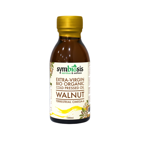 Bottle of Symbiosis Extra-Virgin Bio Organic Cold Pressed Walnut Oil on a white background