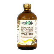 Bottle of Symbiosis Extra-Virgin Bio Organic Cold Pressed Walnut Oil on a white background