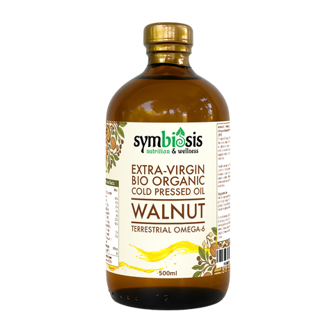 Bottle of Symbiosis Extra-Virgin Bio Organic Cold Pressed Walnut Oil on a white background