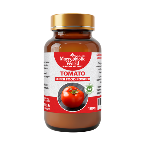Bottle of Macrobiotic World Tomato Super Food Powder on a white background