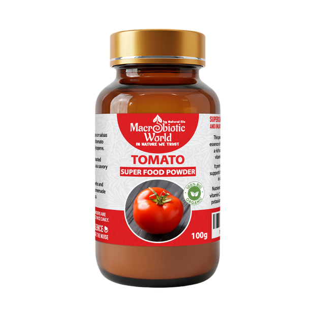 Bottle of Macrobiotic World Tomato Super Food Powder on a white background