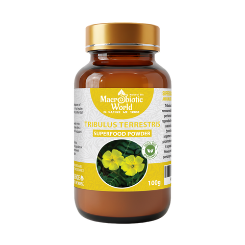 Bottle of Macrobiotic World Tribulus Terrestris superfood powder on a white background