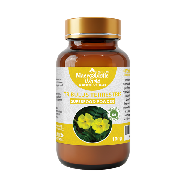 Bottle of Macrobiotic World Tribulus Terrestris superfood powder on a white background