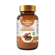 Macrobiotic World Triphala superfood powder bottle on a white background