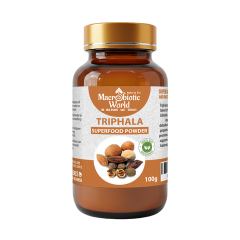 Macrobiotic World Triphala superfood powder bottle on a white background