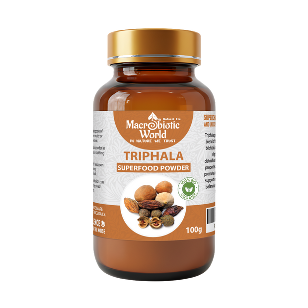 Macrobiotic World Triphala superfood powder bottle on a white background