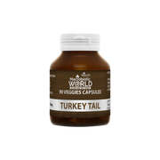 Bottle of Macrobiotic World Turkey Tail capsules on a white background
