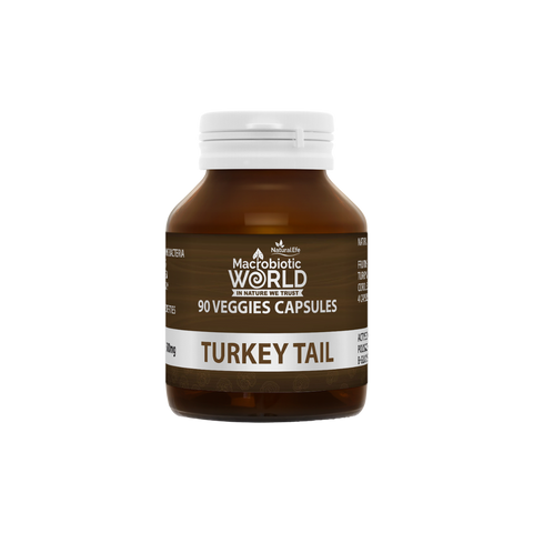 Bottle of Macrobiotic World Turkey Tail capsules on a white background