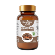 Bottle of Macrobiotic World Turkey Tail Superfood Powder on a white background