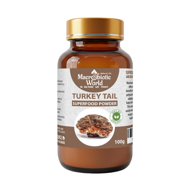 Bottle of Macrobiotic World Turkey Tail Superfood Powder on a white background