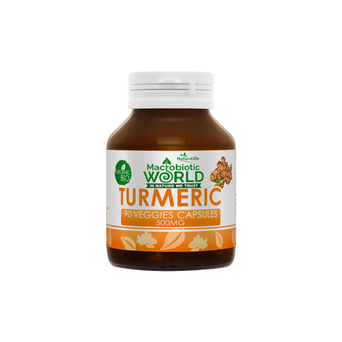 Bottle of Macrobiotic World Turmeric capsules on a white background