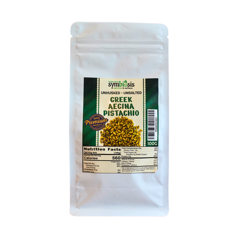 Packaging of Greek Aecina Pistachio with a label on a white background