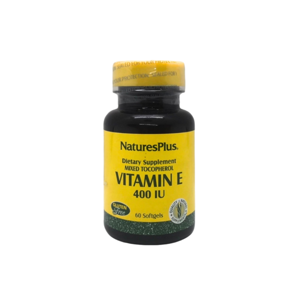 Nature's Plus Vitamin E supplement bottle on a white background