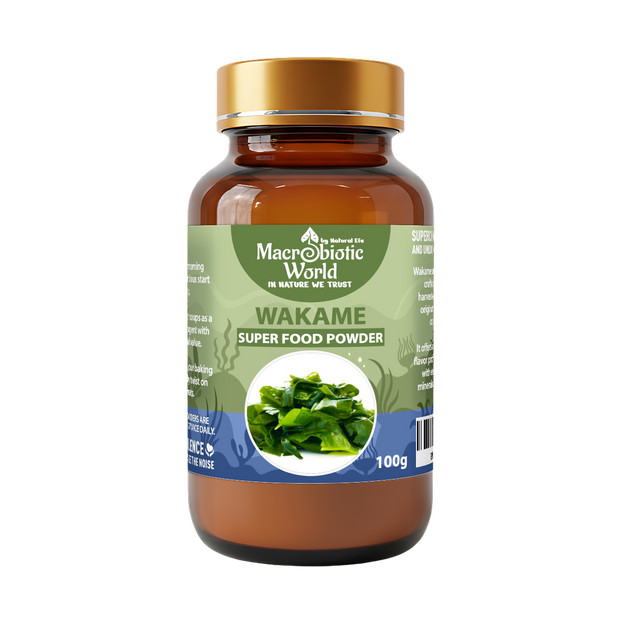 Bottle of Macrobiotic World Wakame Super Food Powder on a white background