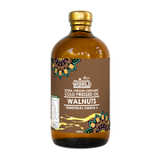 Bottle of Macrolife World Extra-Virgin Organic Cold Pressed Oil with a label on a white background