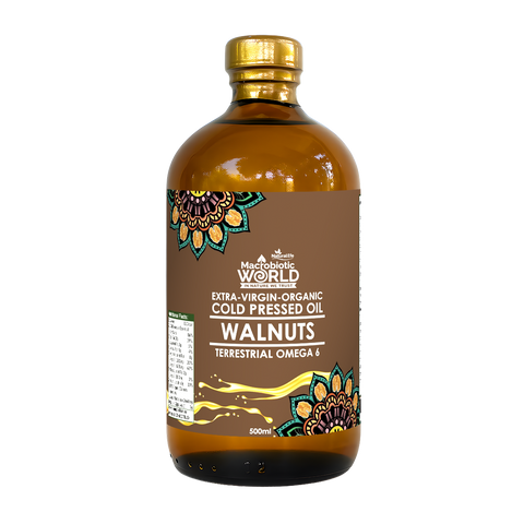 Bottle of Macrolife World Extra-Virgin Organic Cold Pressed Oil with a label on a white background