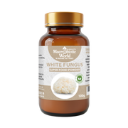 Bottle of Macrobiotic World White Fungus Super Food Powder on a white background