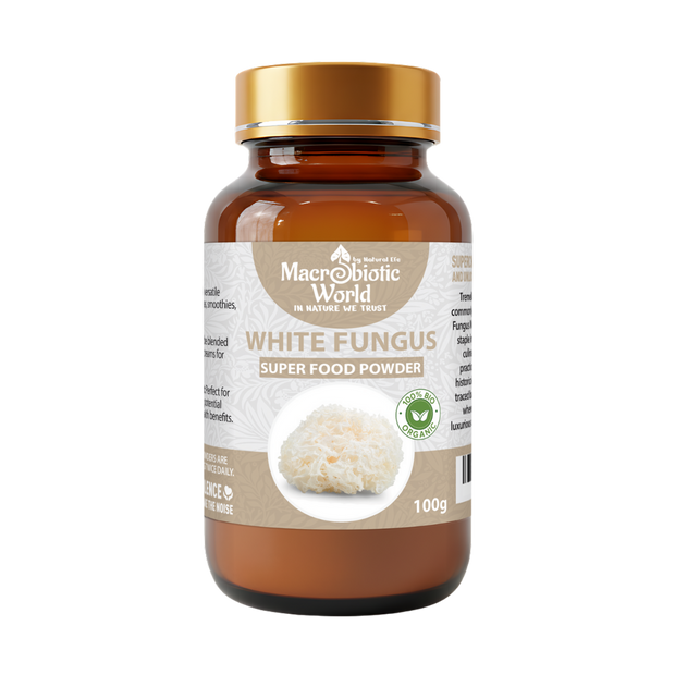 Bottle of Macrobiotic World White Fungus Super Food Powder on a white background