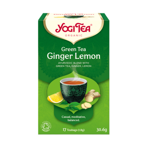 Yogi Tea Green Tea Ginger Lemon packaging on a white background