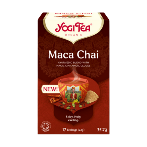 Yogi Tea Maca Chai packaging on a white background