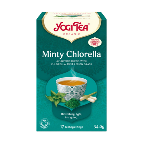 Yogi Tea Minty Chlorella packaging on a white background