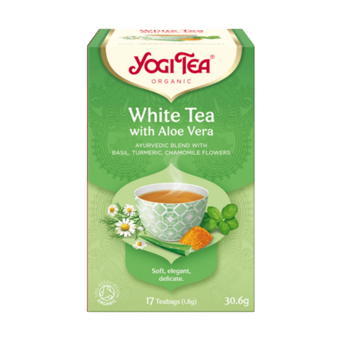 Yogi Tea White Tea with Aloe Vera packaging on a white background