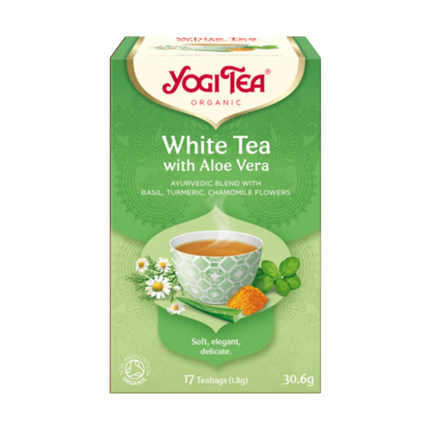 Yogi Tea White Tea with Aloe Vera packaging on a white background