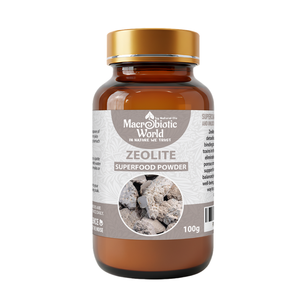 Bottle of Macrobiotic World Zeolite Superfood Powder on a white background