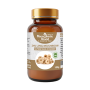 Bottle of Zhu Ling Mushroom superfood powder with a gold cap on a white background