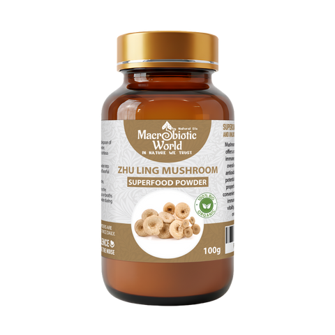 Bottle of Zhu Ling Mushroom superfood powder with a gold cap on a white background