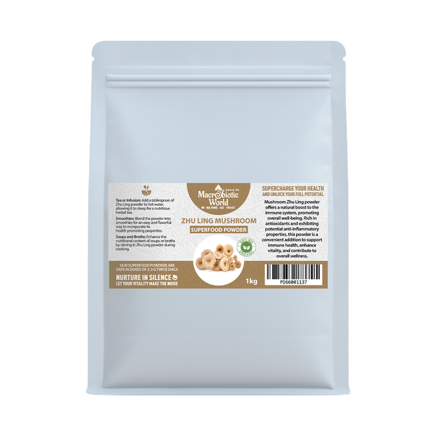 Package of Zhi Ling Mushroom powder with text and mushroom illustration on a light blue background